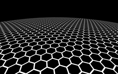 White honeycomb on a black background. Perspective view on polygon look like honeycomb. Ball, planet, covered with a network, honeycombs, cells. 3D illustration