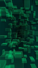 Green and dark abstract digital and technology background. The pattern with repeating rectangles. 3D illustration