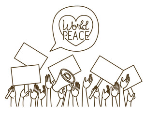 hands with protest sign and world peace isolated icon