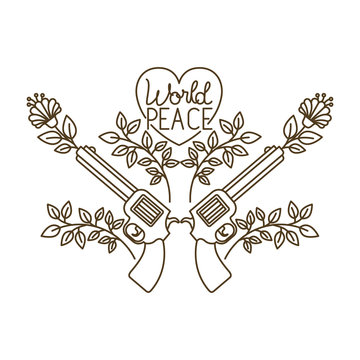 pistol with flower and world peace in heart with leaves isolated icon