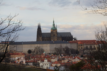 Houses with traditional red roofs in Prague, Czech Republic. View from above