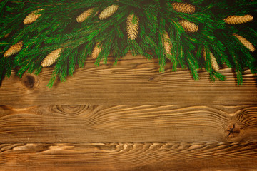 Christmas natural fir tree on dark wooden board. Grunge style, toned