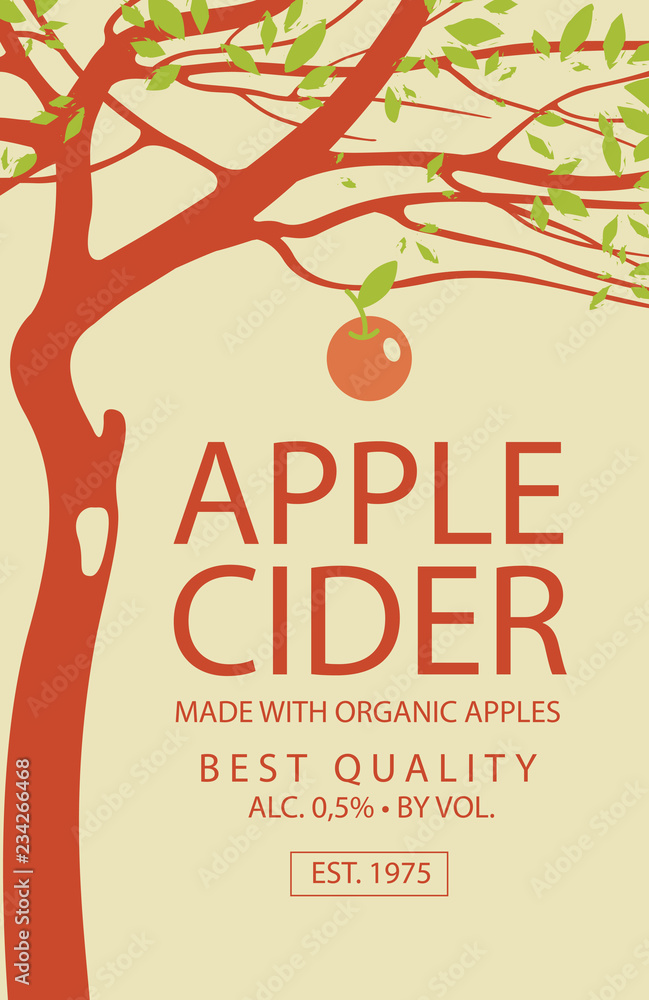 Aufkleber vector label for apple cider with decorative apple tree and fruit in retro style on beige background