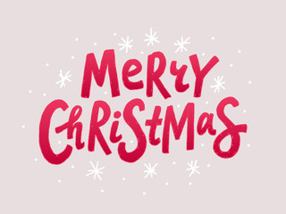 Merry Christmas colorful text. Vector illustration. Cartoon xmas design element red isolated on light color background. Design for print on congratulation cards, banner, poster, flyer post in media