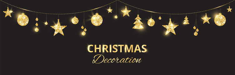 Fototapeta na wymiar Christmas golden decoration on black background. Holiday vector frame, border.