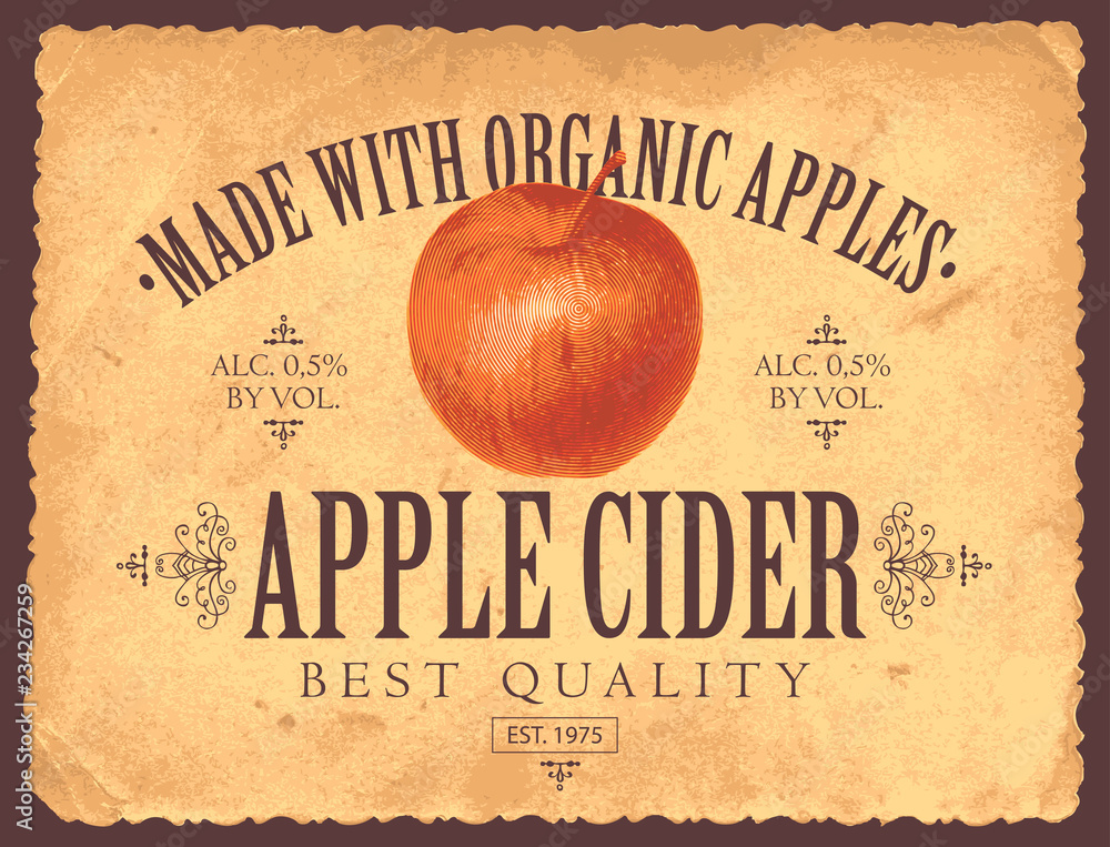 Poster vector label for apple cider with realistic image of an apple in retro style on the old paper backgr