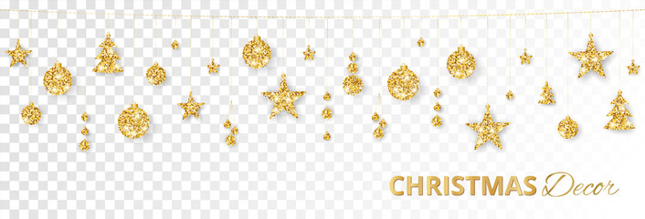 Christmas golden decoration isolated on white background. Holiday vector frame, border.
