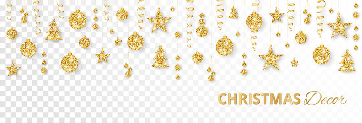 Christmas golden decoration isolated on white background. Holiday vector frame, border.