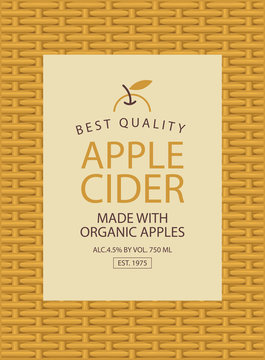Vector label for apple cider in an square frame on the yellow basket background in retro style