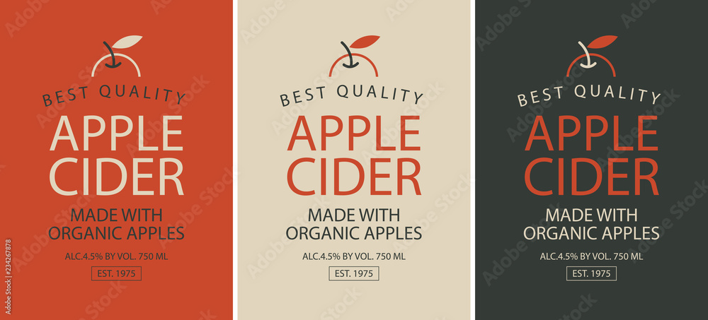 Poster vector set of three labels of different colors for apple cider with apple