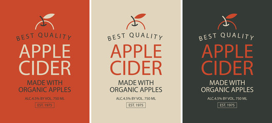 Vector set of three labels of different colors for Apple cider with apple