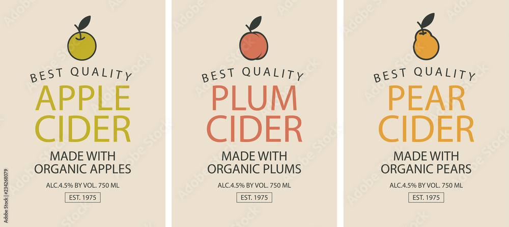 Poster vector set of labels for different types of cider. three cider labels with apple, plum and pear.