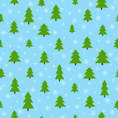 Seamless background with green fir trees. There are green fir trees on the sky blue background. White snowflakes make the picture cheerful and wintry.