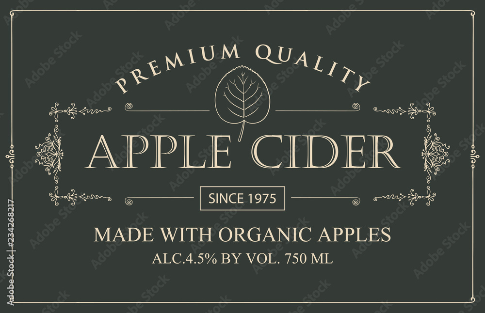 Poster vector label for apple cider with leaf in figured frame in retro style on the dark background