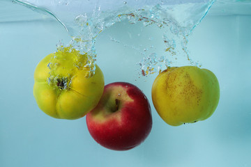 Two quince and apple splash of water on blue bckground