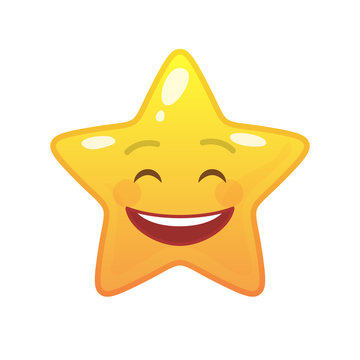 Laughing star shaped comic emoticon. Smiling face with facial expression. Glad emoji symbol for internet chatting. Funny social communication animated character. Mood message isolated vector element