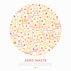 Zero waste concept in circle with thin line icons: menstrual cup, safety razor, glass jar, natural deodorant, hand coffee grinder, french press. Vector illustration, print media template.