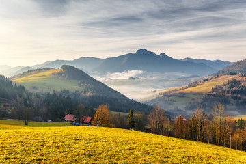 Landscape with mountains at sunrise. Mala Fatra National Park, not far from the village of Terchova...