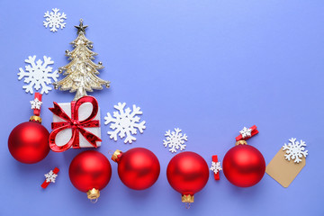 Beautiful Christmas decorations on color background