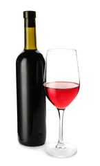 Glass and bottle of tasty wine on white background