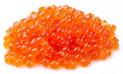 Red caviar on on white background close-up.