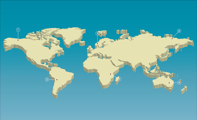 Simplified 3D world map with label