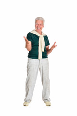 Happy senior man in shirt on white background