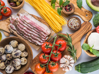 Variety of popular Italian food on white background. Top view.