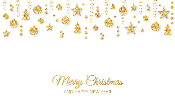 Christmas golden decoration isolated on white background. Holiday vector frame, border.