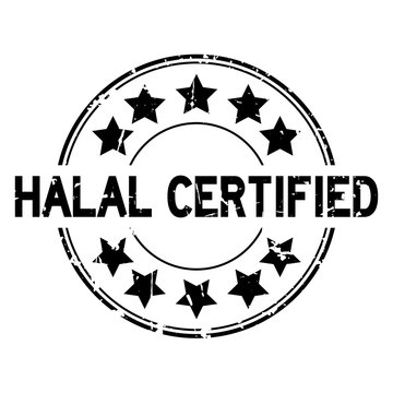 Grunge black halal certified word with star icon round rubber seal stamp on white background