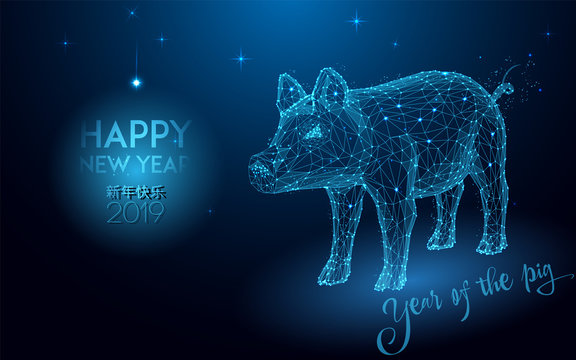 Happy chinese new year 2019. Pig form lines and triangles, point connecting network on blue background.  Translation: Happy New Year Pig earth