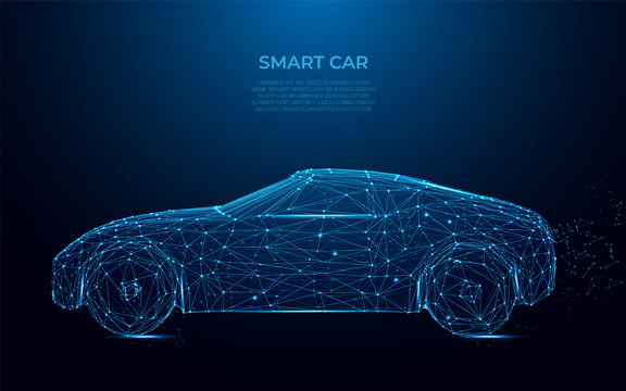 Smart Car. Abstract image of a smart car in the form of a starry sky or space. Cars vector wireframe concept. Polygon vector design. Speed, drive, fast race auto style, power concept vector 