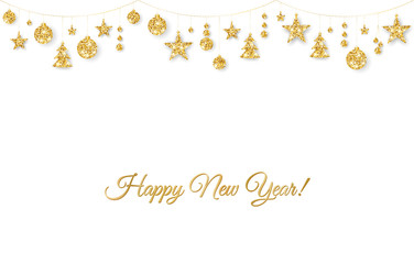 Happy New Year card. Christmas golden decoration on white background