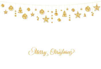 Christmas golden decoration on white background. Merry Christmas and Happy New Year card.