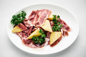 jamon serrano parma prosciutto style smoked ham with mango fruit