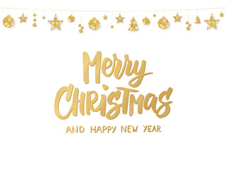 Merry Christmas and Happy New Year hand drawn text. Golden christmas decoration on white background.