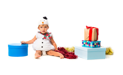 Adorable little baby dressed like a snowman at Christmas parties on isolated white background
