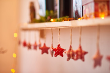 Christmas  decorations with lights background. Happy New Year! Christmas greeting card. Winter card template. Xmas concept. Holiday Banner. Feast of Nativity. Traditional celebration