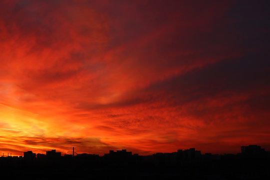 Beautiful Bright Red Sunset Over The City