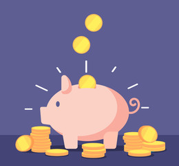 Piggy bank with golden coins. Save money deposit banking and investment vector concept with money box. Illustration of piggy deposit, finance bank and investment