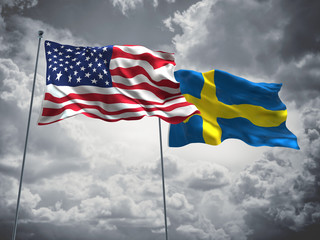 United States of America, USA & Sweden Flags are waving in the sky