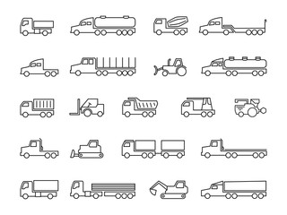 Construction machines. Trucks, tractors, delivery trailers, cargo trukcs, dumpers and heavy equipment line icons. Transportation construction machine, lorry and truck transport. Vector illustration