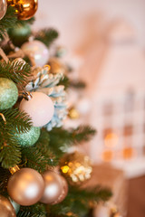 Christmas  decorations with lights background. Happy New Year! Christmas greeting card. Winter card template. Xmas concept. Holiday Banner. Feast of Nativity. Traditional celebration