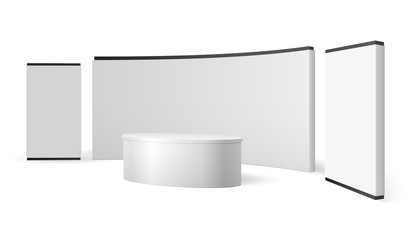 White exhibition stand. Blank trade show booth promotional display. Event panel vector 3d isolated template. Illustration of stand mockup for promotion and presentation news studio