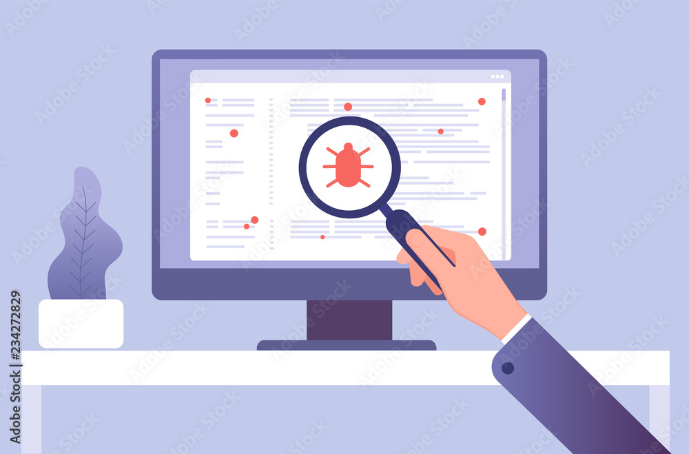 Poster computer virus concept. hand with magnifying glass testing software. bug virus icon on computer scre