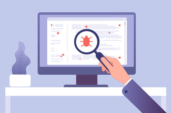 Computer virus concept. Hand with magnifying glass testing software. Bug virus icon on computer screen. Vector illustration. Search bug and virus, magnifier glass in hand