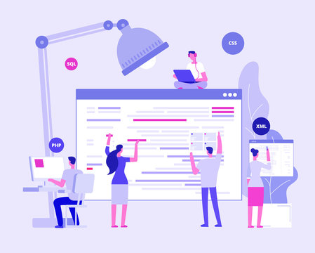 Web site development. Designers and programers create corporate site. Website coding vector concept. Illustration of development website internet page