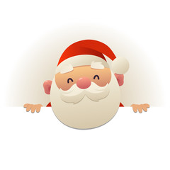 Happy funny Santa Claus behind blank signboard cartoon character with white copy space