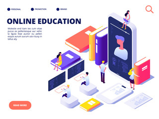Online education concept. Internet class training and on-line course. Educate on distance. Isometric vector illustration. Training online isometric, distance teaching and studying