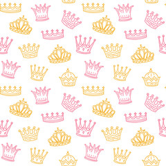 Crown seamless pattern. Golden and pink crowns for princess. Newborn girl vector background. Illustration of princess crown pattern, background seamless